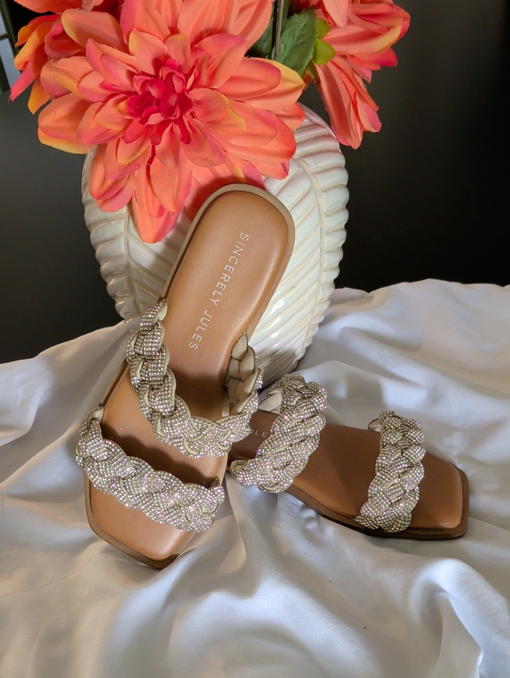 Sincerely Jules Champagne Braided Crystal Slide Sandals
